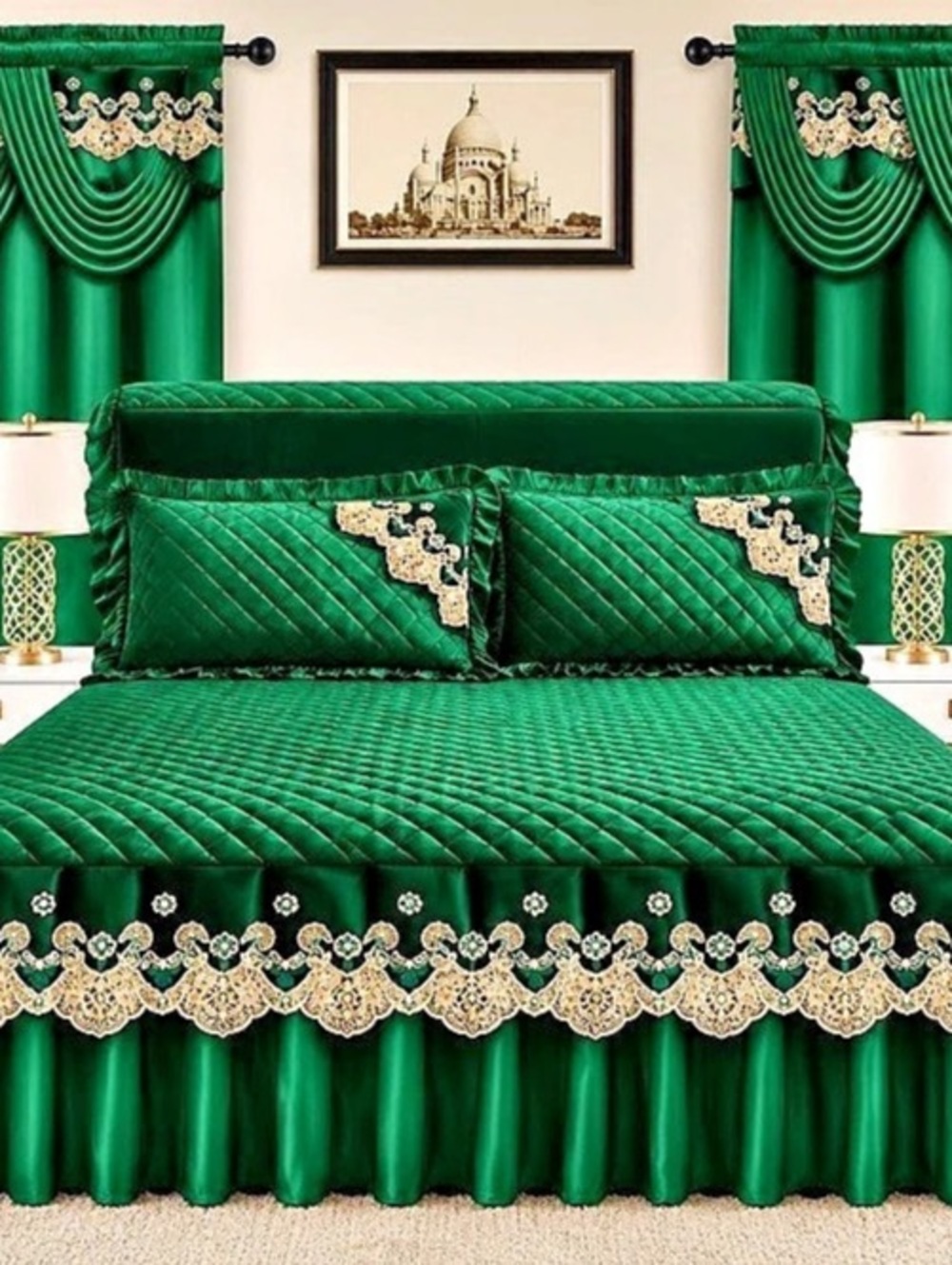 Green & Gold Quilted Comforter Set